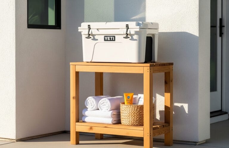 A modern, two-tiered cedar wood stand holding a large white cooler on top and towels below, designed for convenient outdoor access.