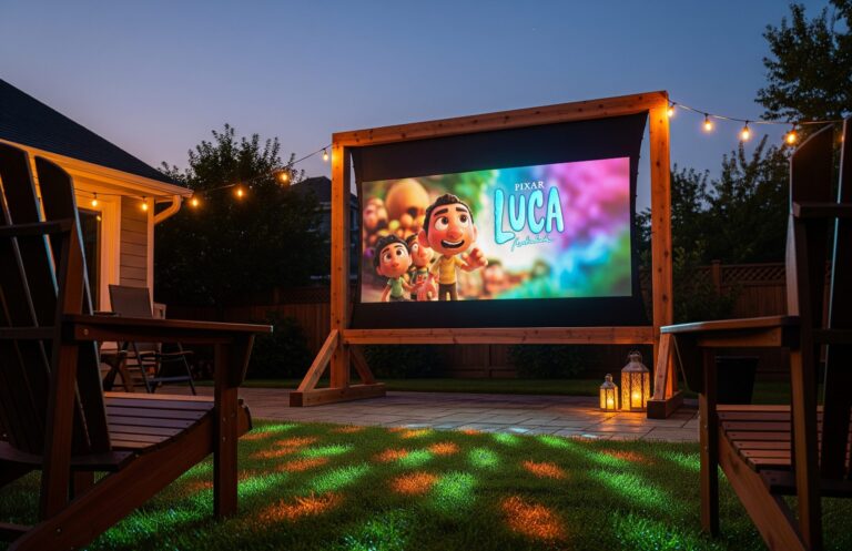 A large DIY wooden projector screen frame in a backyard at night, illuminated by the glow of a movie and surrounding string lights.