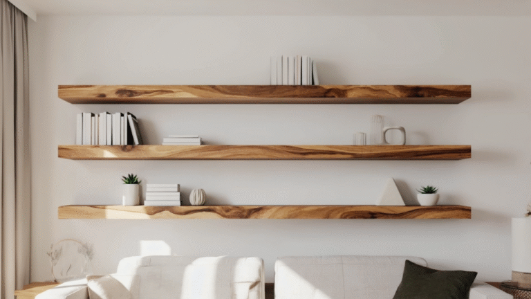 DIY floating shelves installed in a modern living room — clean, bracket-free, and beginner-friendly.