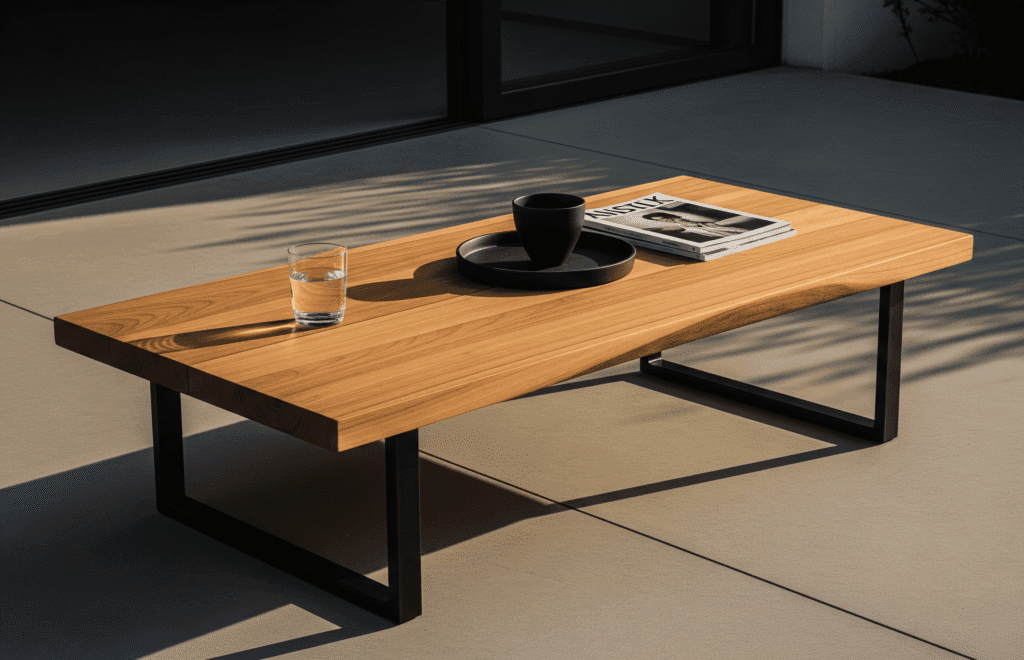 A sleek, low-profile wooden patio coffee table with clean lines, minimalist styling, and a modern organic wood finish.
