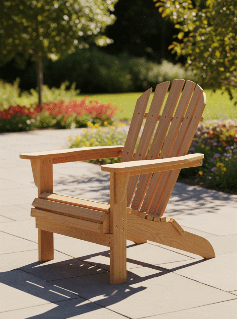 Sleek, handcrafted wooden Adirondack chair with smooth natural wood grain, embodying modern organic outdoor furniture design.