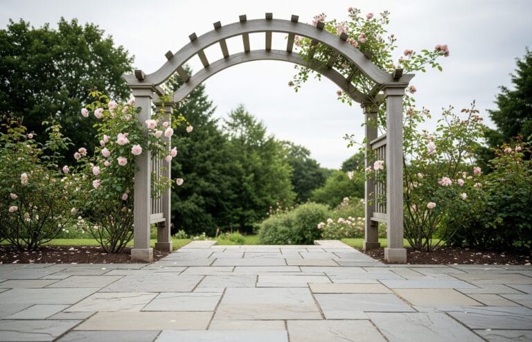 An elegant wooden garden arbor with clean lines and natural wood, supporting climbing roses, enhancing a modern organic garden landscape.