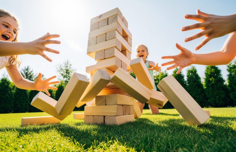 A giant wooden block tower game tumbling on a green lawn with hands reaching out, capturing a moment of fun backyard family entertainment.