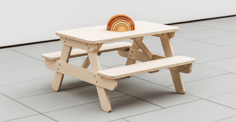 A sturdy, child-friendly DIY wooden picnic table with clean lines and natural wood, designed for outdoor play and meals.