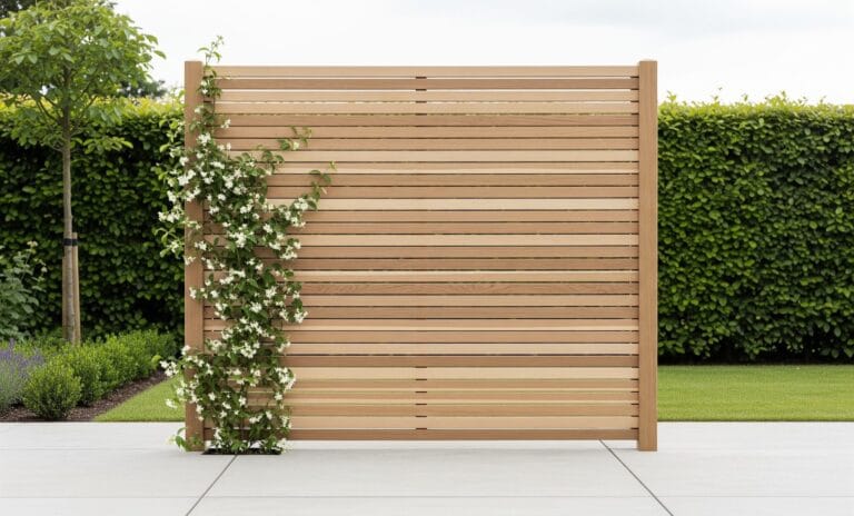 A stylish wooden privacy screen with clean lines and natural wood, supporting climbing plants, designed for modern organic outdoor living spaces.