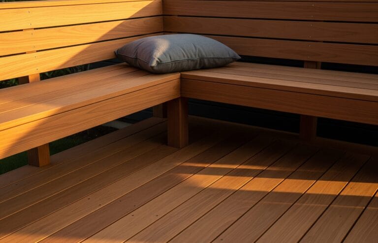 An elegant wooden garden arbor with clean lines and natural wood, supporting climbing roses, enhancing a modern organic garden landscape.
