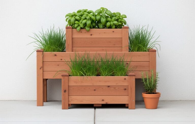 A multi-tiered wooden herb planter box with clean lines and natural wood, used as a vertical garden for fresh herbs.