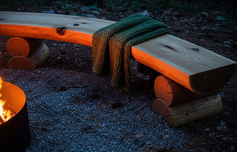 A circular, portable wooden bench with clean lines and natural wood, designed for comfortable seating around an outdoor fire pit.