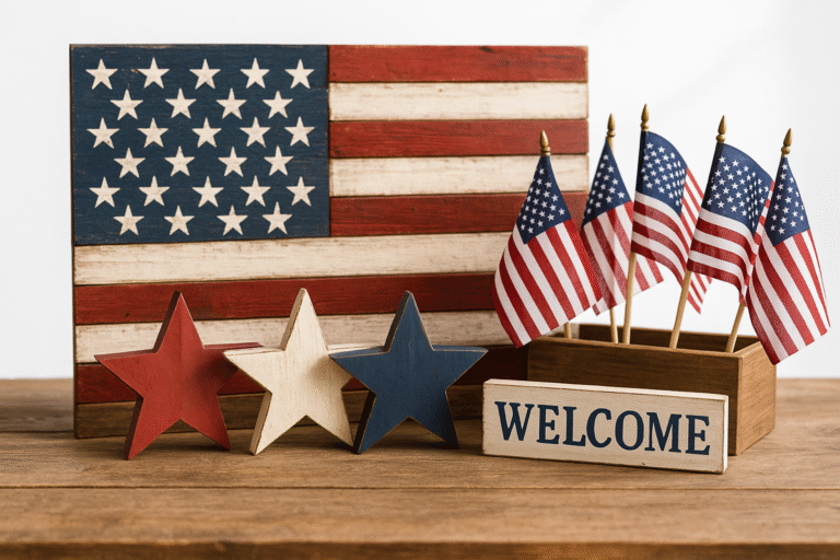 Patriotic woodworking projects - DIY wooden American flag and star wall art displayed on porch for 4th of July