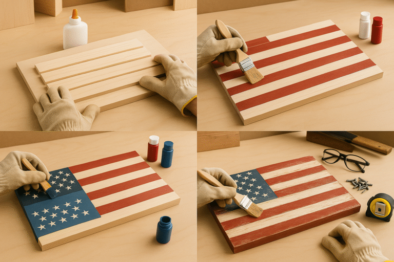 Hands with work gloves assembling and painting a rustic wooden American flag in a well-lit workshop.