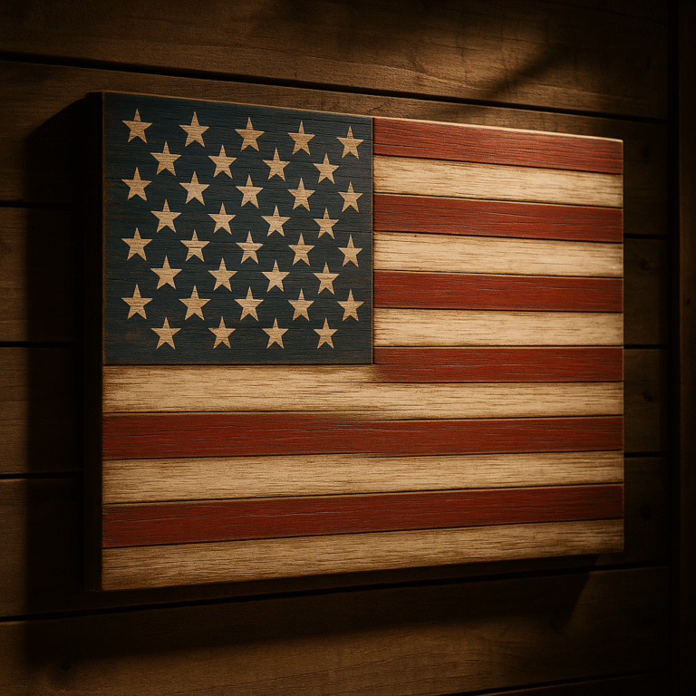 Finished rustic wooden American flag with distressed stripes and star field, mounted on a workshop wall with dramatic lighting.