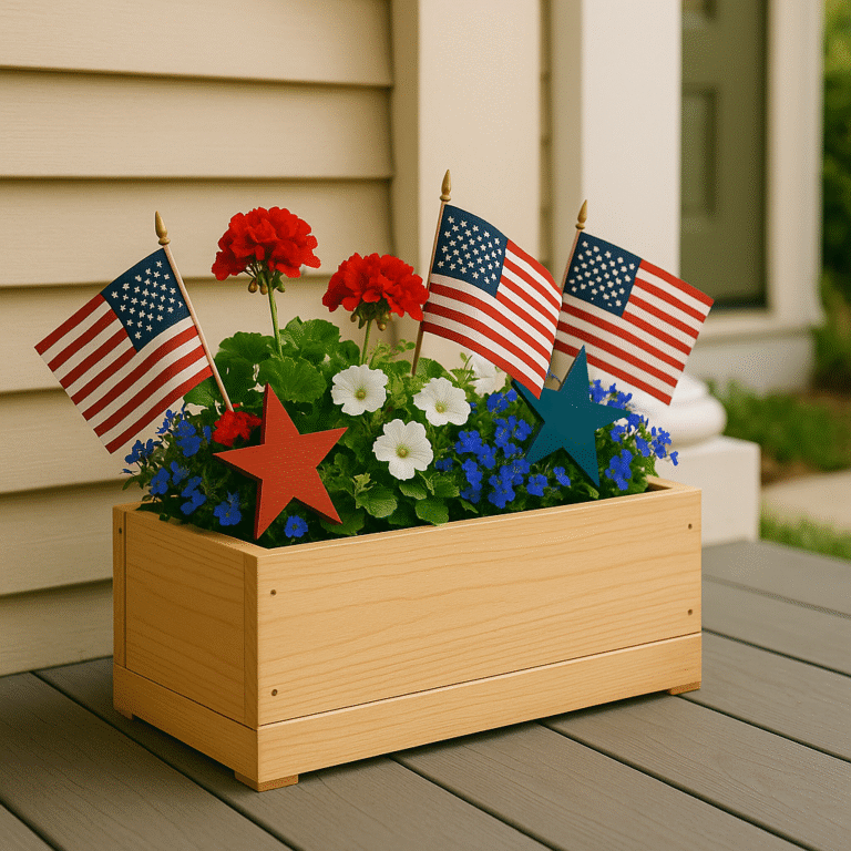 Finished wooden planter box filled with red, white, and blue flowers and small American flags, displayed on a front porch in natural light.
