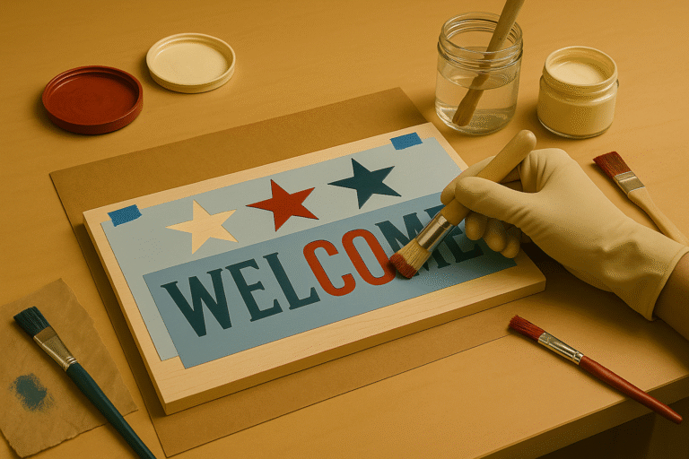 Hands painting and stenciling a wooden welcome sign with patriotic text in a warmly lit workshop, paint brushes and supplies nearby