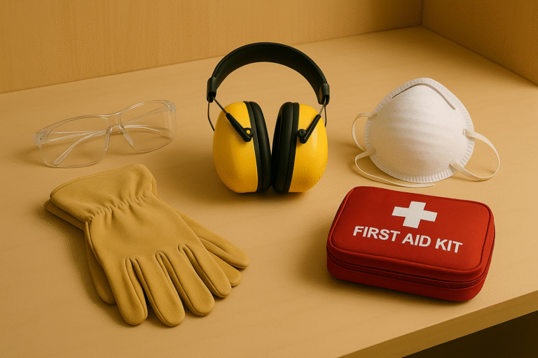 Essential woodworking safety equipment including safety glasses, hearing protection, dust mask, work gloves, and first aid kit laid out on a workbench.