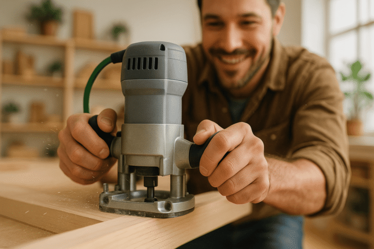 A woodworking router bit precisely cutting a clean dado joint in light wood, highlighting router techniques for perfect wood joints.