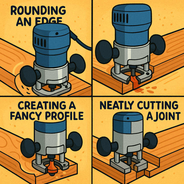 A collage demonstrating various router applications including cutting dados, creating decorative edges, and flush trimming wood.