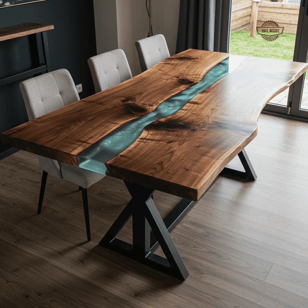 A stunning long wooden dining table with a natural live edge and a vibrant turquoise resin river inlay, complemented by a matching wooden bench. Perfect for a rustic or modern dining room.