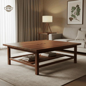A sleek, low-profile wooden coffee table made from dark-stained wood, featuring clean lines and a minimalist design suitable for modern living rooms.