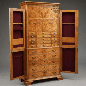 A large, custom-built wooden bookshelf and storage cabinet featuring open shelving on one side and closed compartments with striking red-paneled doors. An ideal solution for home organization.