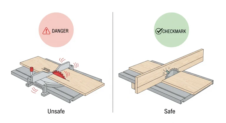 Diagram comparing a wobbly miter gauge cut (danger) to a stable crosscut sled cut (perfect), highlighting table saw accuracy.
