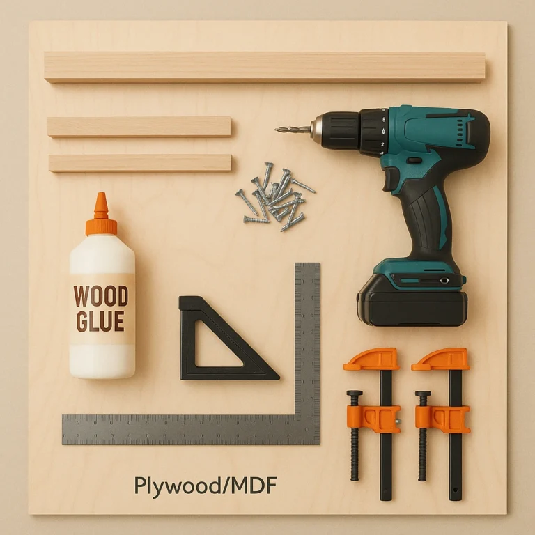 Flat lay of materials and tools needed to build a crosscut sled, including plywood, hardwood, glue, screws, drill, and square.