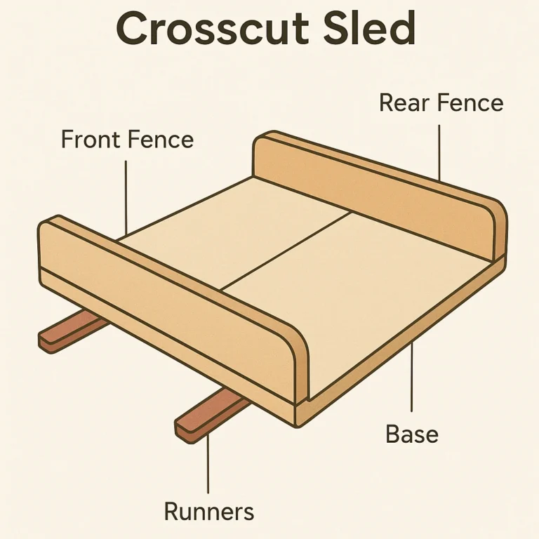 Labeled diagram showing the parts of a crosscut sled: base, front fence, rear fence, and runners.