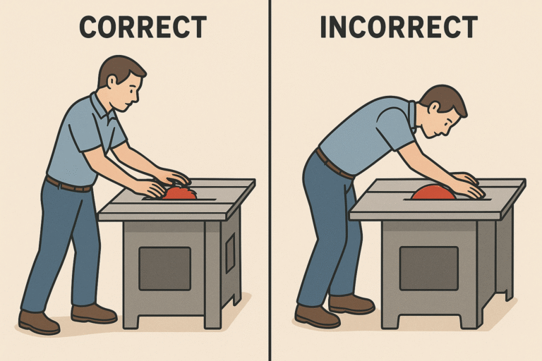 Split image showing correct vs incorrect body positioning while using table saw, educational diagram style