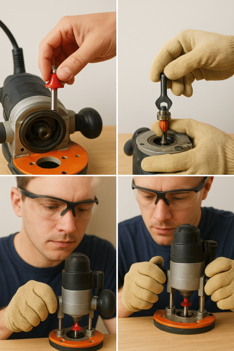 Step-by-step router bit installation demonstrating router safety procedures for beginners