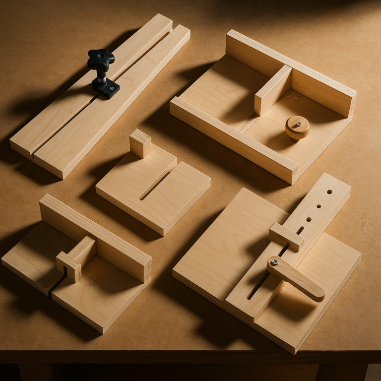 DIY table saw jigs for precise cuts displayed on workbench including tapering jig and box joint accessories