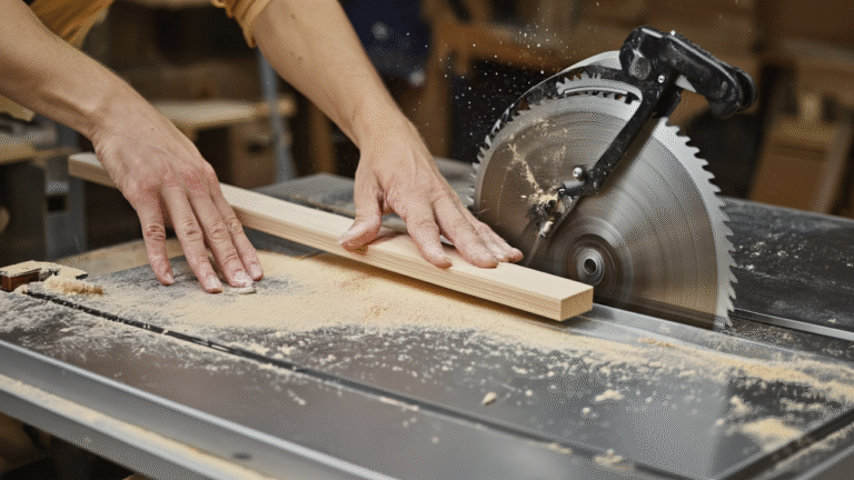 lose-up of hands positioned correctly while feeding wood through table saw, emphasizing safe distance from blade
