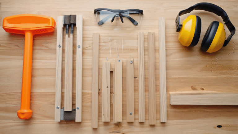 Collection of essential table saw safety equipment laid out neatly: push sticks, featherboards, blade guard, safety glasses, hearing protection