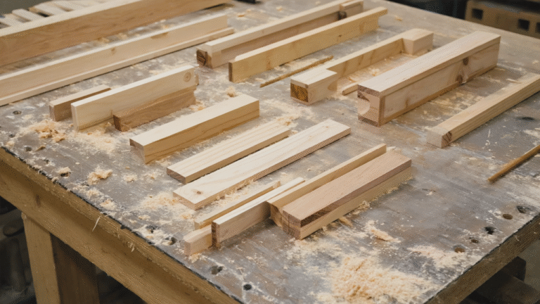 Common woodworking mistakes shown in collection of ruined wood pieces with visible defects