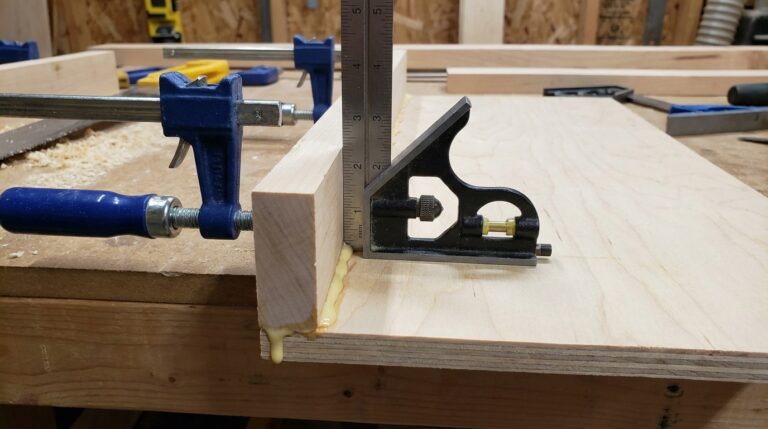 Step 2 building DIY table saw jigs for precise cuts showing fence installation with perfect 90-degree verification for accurate dado cuts