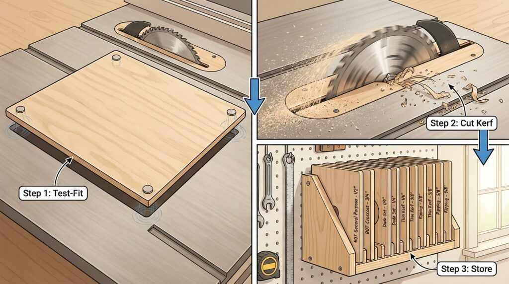 Step 1 building DIY table saw jigs for precise cuts showing zero-clearance insert base preparation for perfect flush fit with table surface