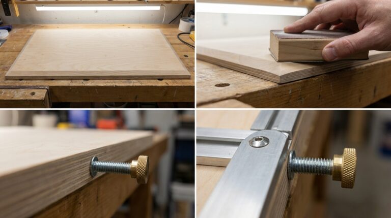 Step 3 building DIY table saw jigs for precise cuts showing hanger bolt installation for precise taper angle adjustment mechanism.
