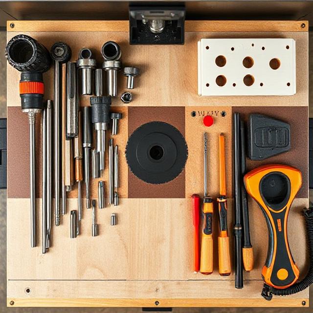 Complete router table setup with organized bits and safety equipment for beginners