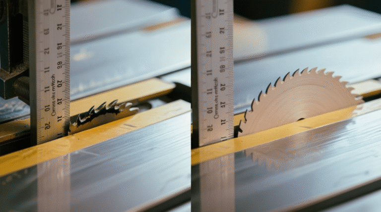 Before and after: Burnt wood from misaligned blade vs. clean cut after alignment — proof of precision