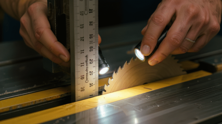 Woodworker using flashlight to check for gap between square and blade during table saw alignment — emphasizing precision