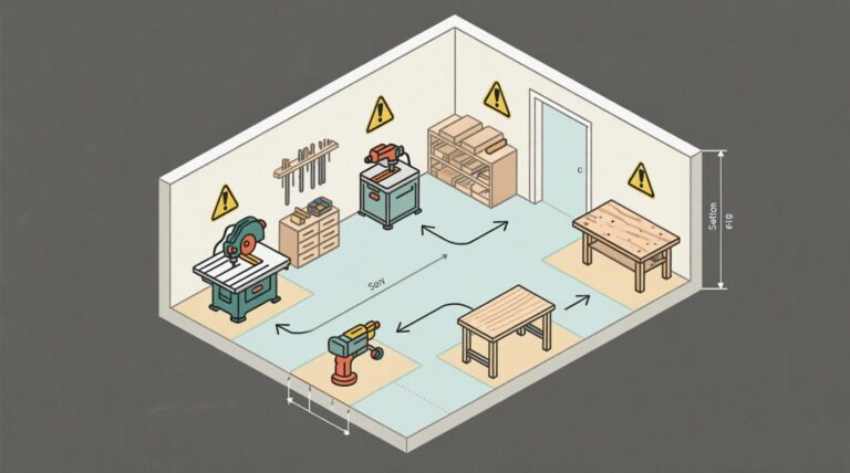 Workflow triangle diagram for small woodworking shop layout ideas — optimizing movement between table saw, router, and bench