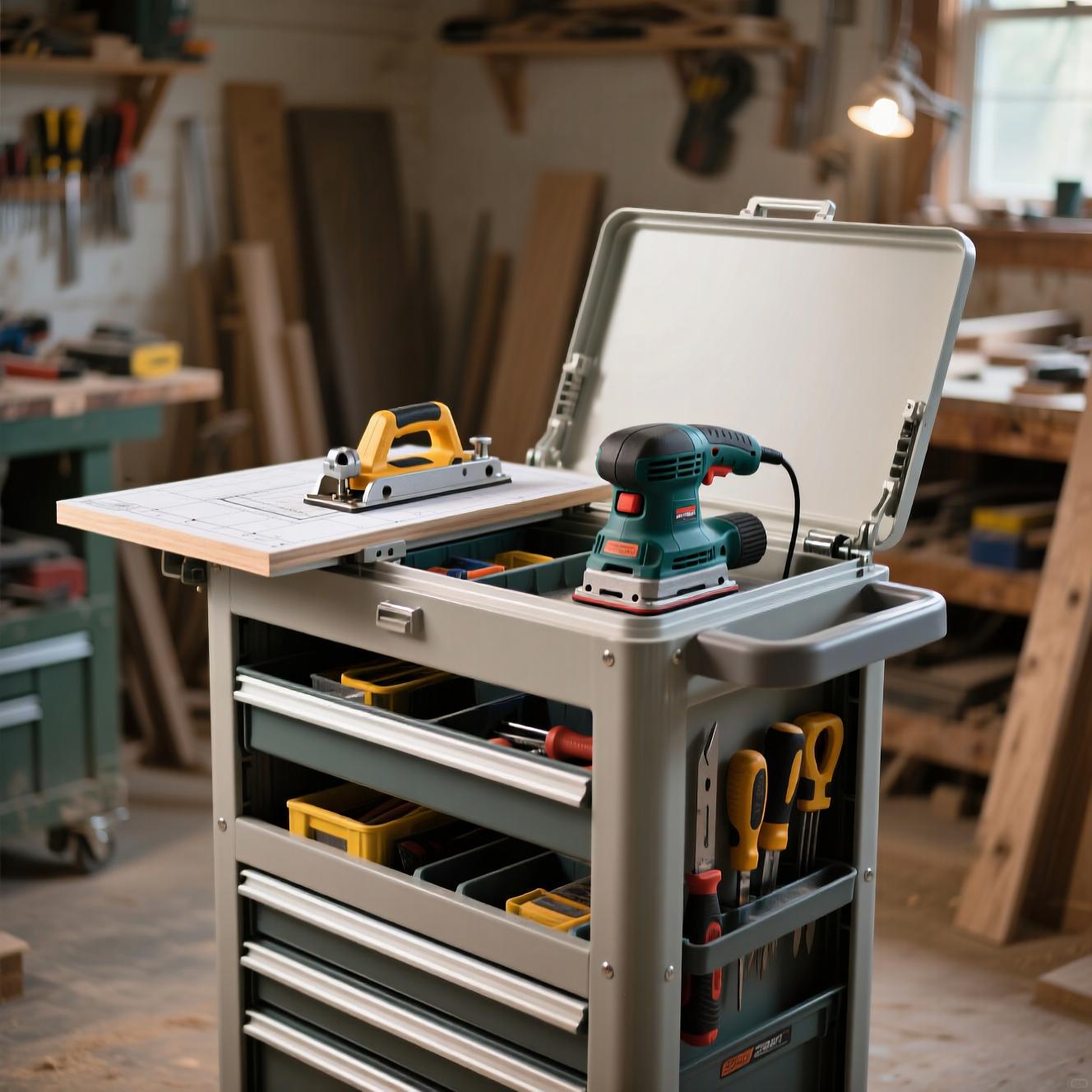 Flip-top mobile tool cart — one of the best small woodworking shop layout ideas for maximizing floor space.