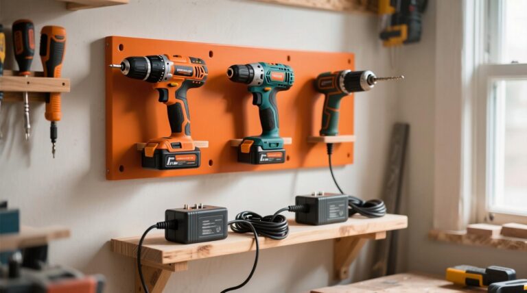 DIY tool storage project: wall-mounted drill and driver charging station — essential workshop organization ideas for beginners.
