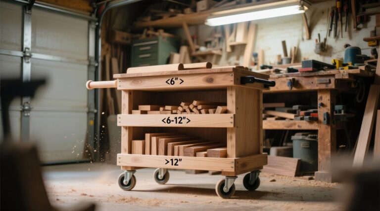 Rolling scrap wood cart — space-saving DIY tool storage for small workshops.