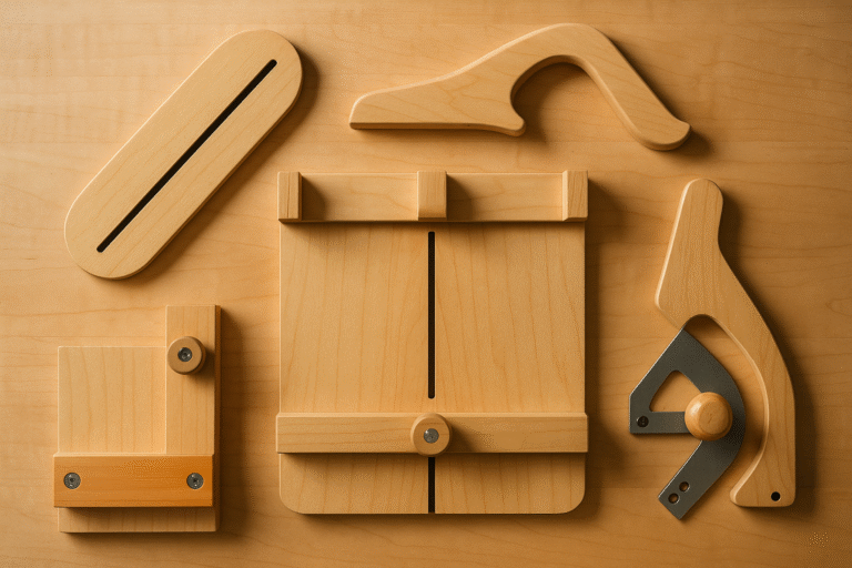 Essential table saw jigs beginners can build for under $20 each — zero-clearance insert, push stick, crosscut sled, thin rip guide, miter gauge upgrade.