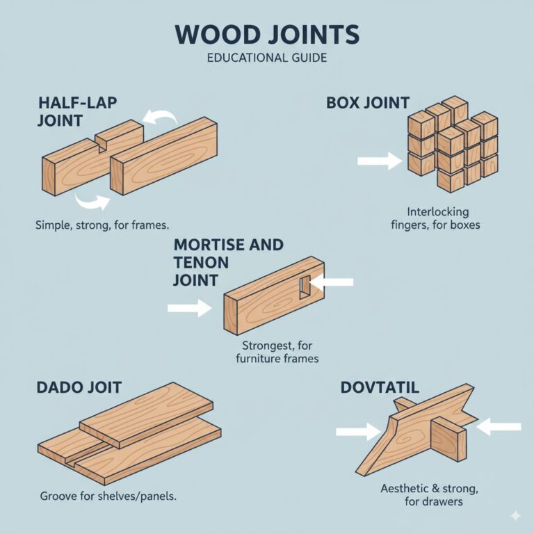 Wood joinery for beginners infographic showing 5 essential joints including half-lap mortise tenon dovetail dado box joints with clear assembly arrows