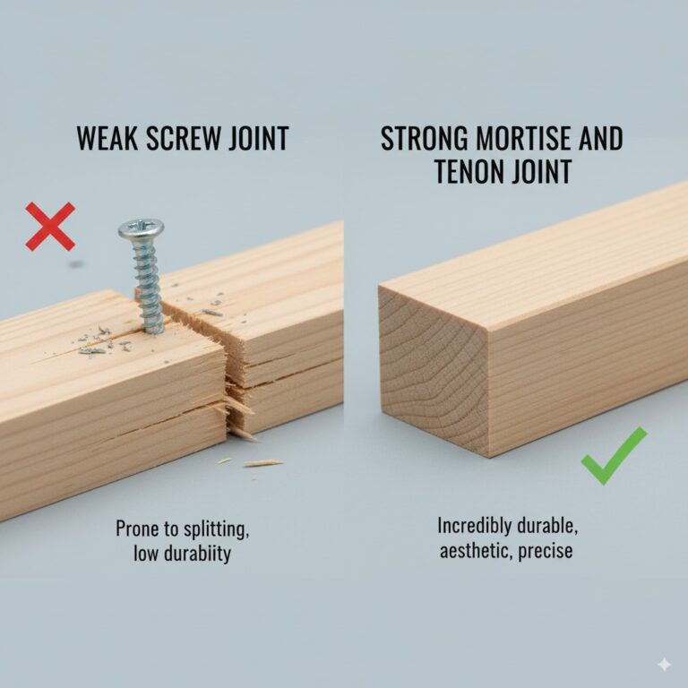 Wood joinery for beginners comparison showing weak screw joint versus strong mortise and tenon joint demonstrating quality difference