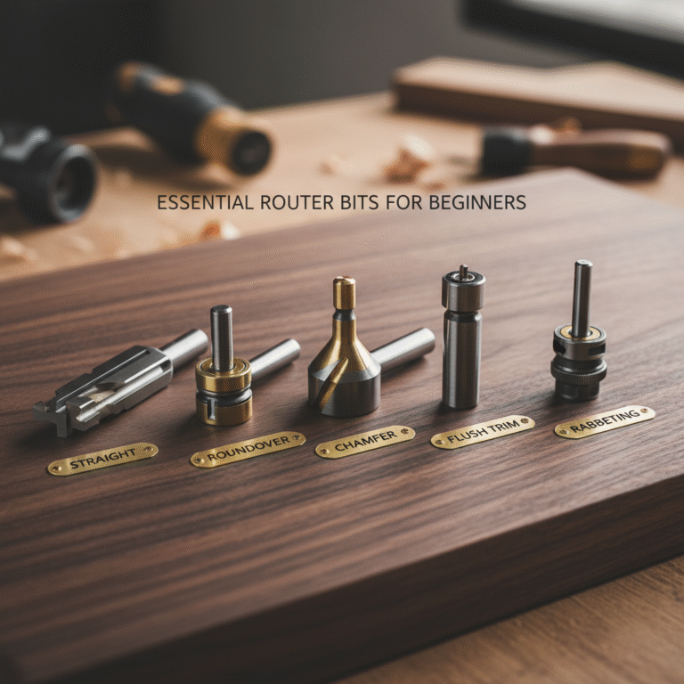 Essential router bits for beginners — straight, roundover, chamfer, flush trim, rabbeting — displayed on walnut for visual reference.