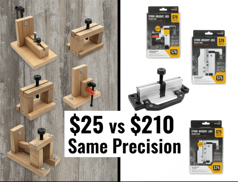 Cost comparison infographic: $25 DIY table saw jigs vs $200+ store-bought equivalents — same precision, massive savings.