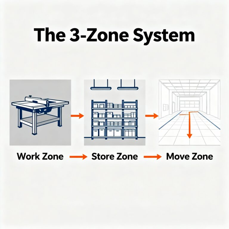 The 3-Zone System for small workshop organization — Work, Store, Move zones for efficient garage workshop layout.