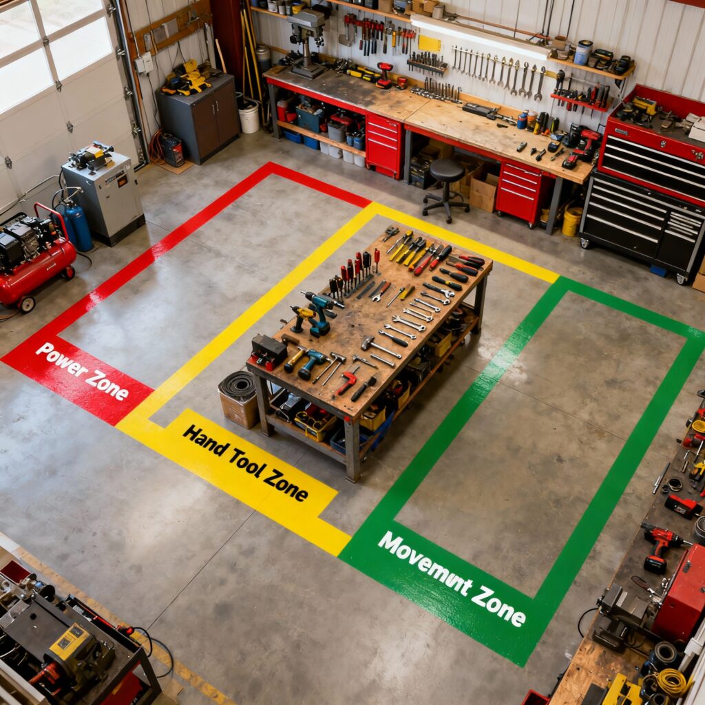 Woodworking shop safety 3-zone system — Power, Hand Tool, and Movement zones clearly marked for accident prevention