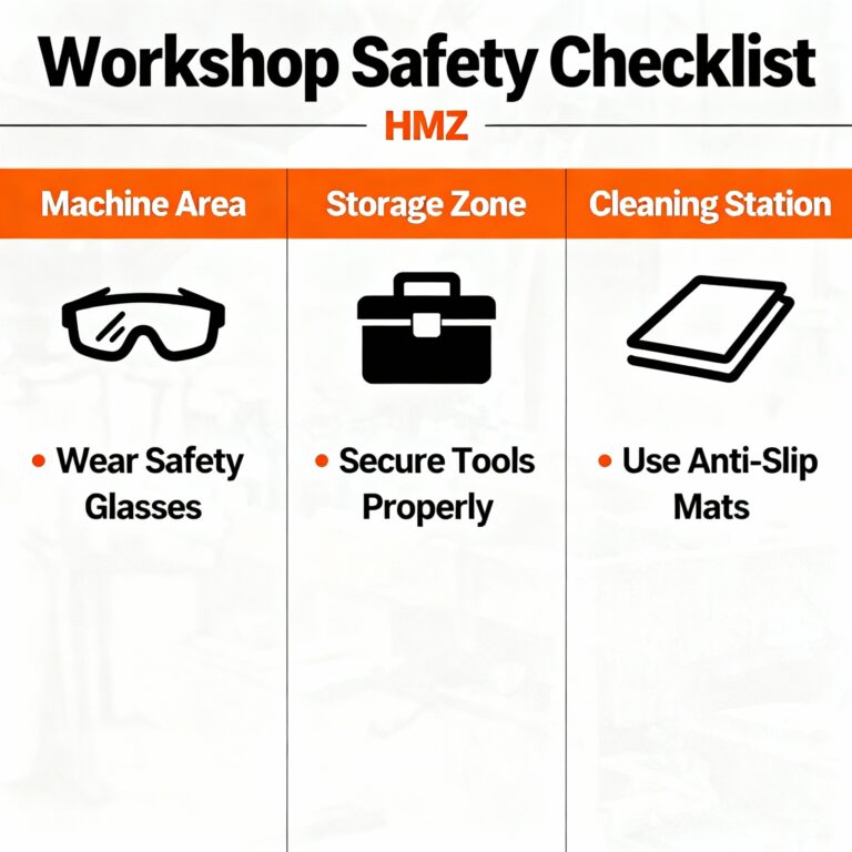 Woodworking shop safety checklist — 3-zone system with key safety protocols for each area.